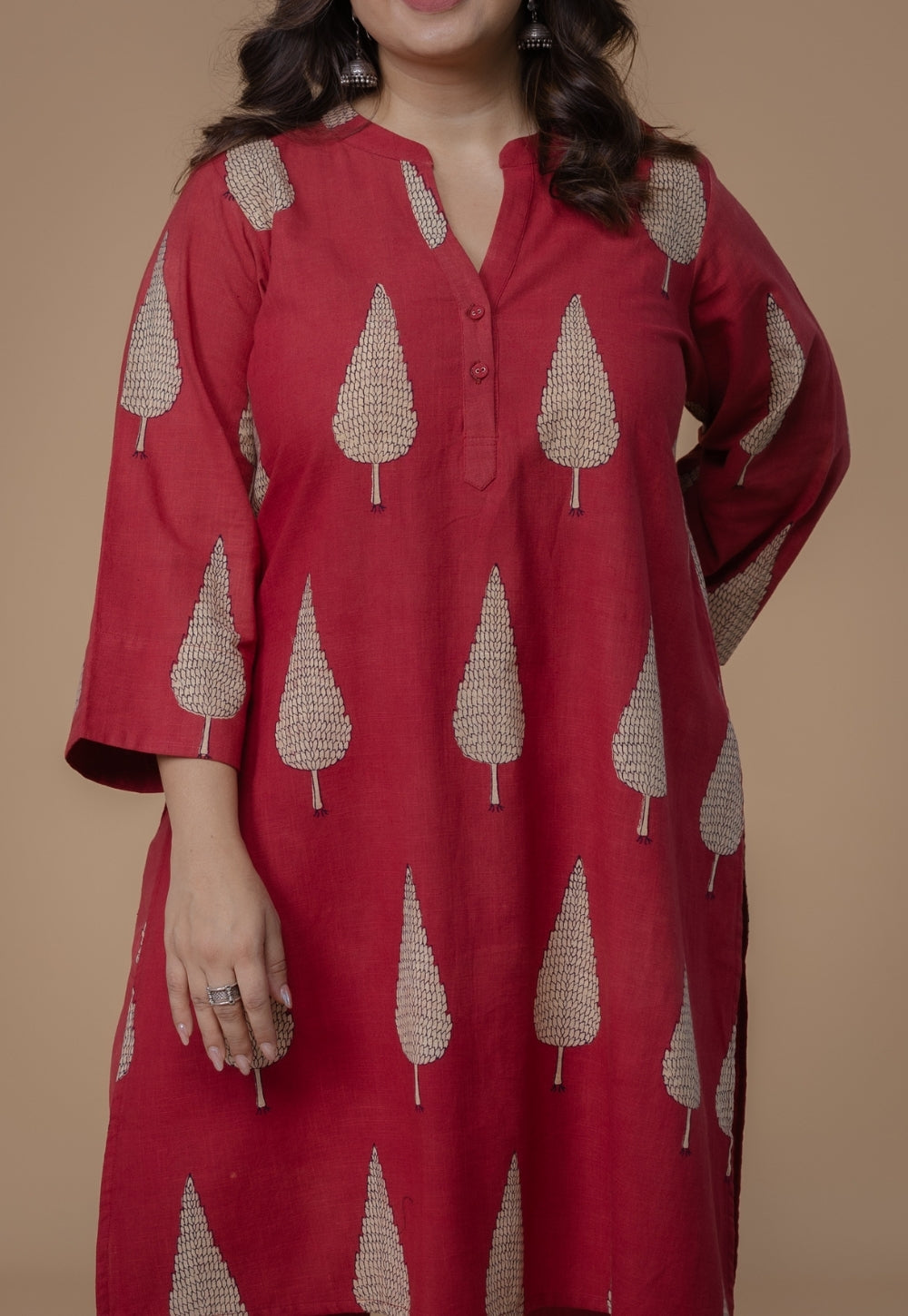 Nysa Red Dabu Slub Cotton Straight Co-Ord Set