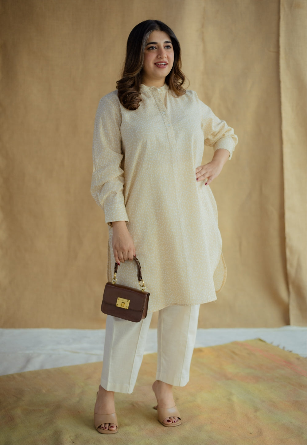 Nashwa Cream Hand Block Print Slub Cotton A Line Kurta