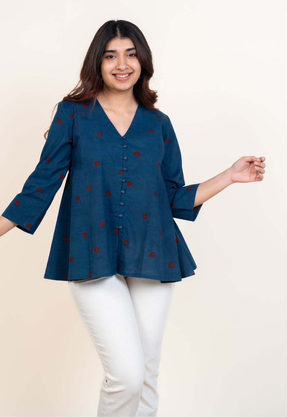Yuvika Blue Ajrakh Cotton A Line Short Top