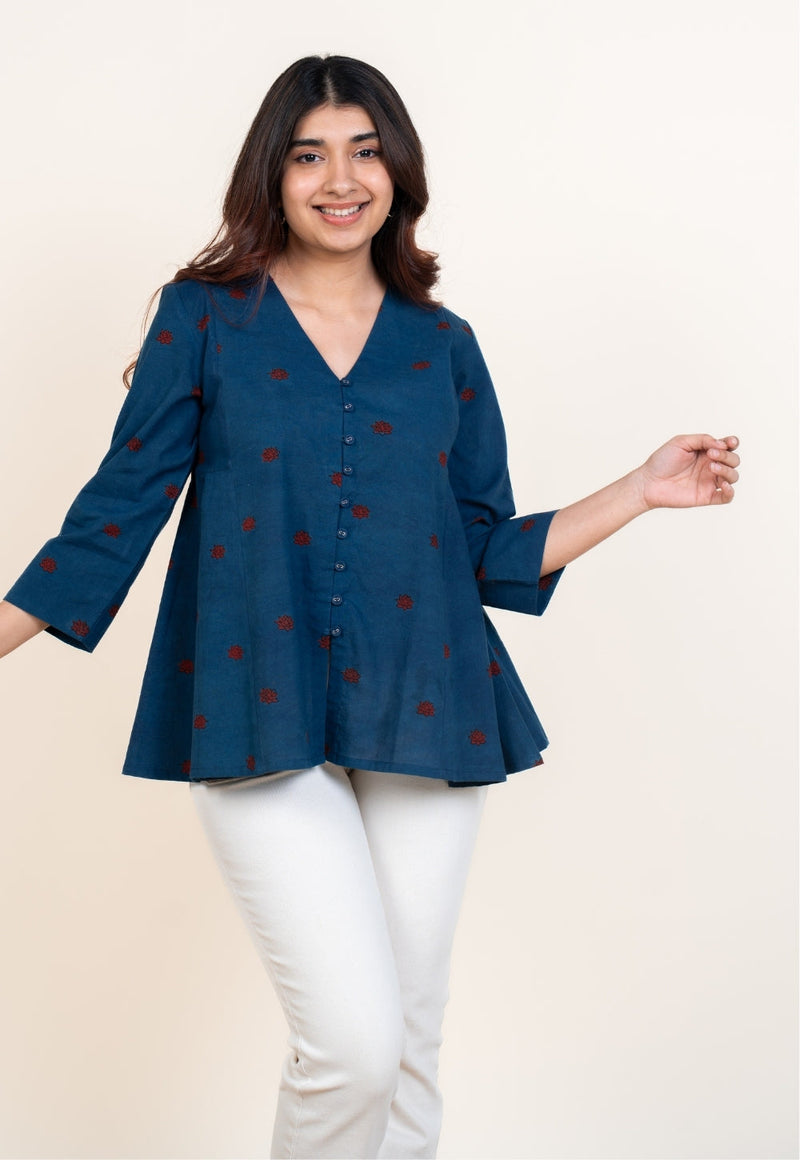 Yuvika Blue Ajrakh Cotton A Line Short Top