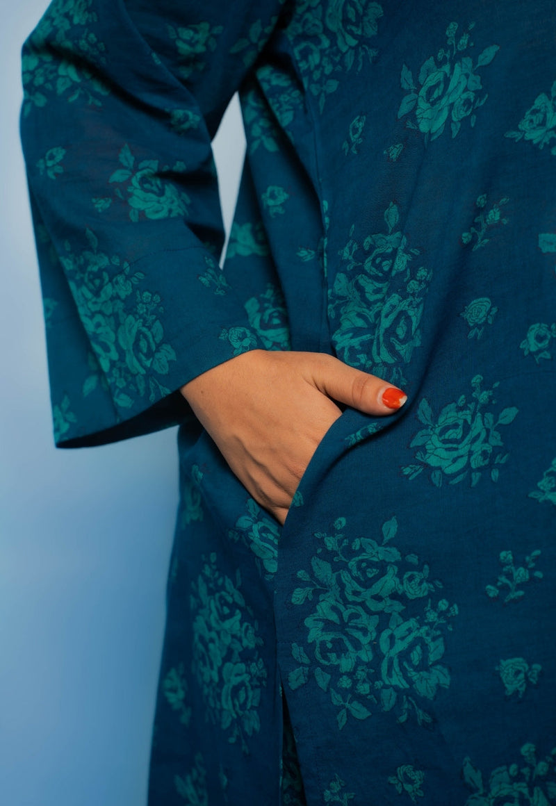 Harshi Blue Dabu Mul Cotton Straight Co-Ord Set