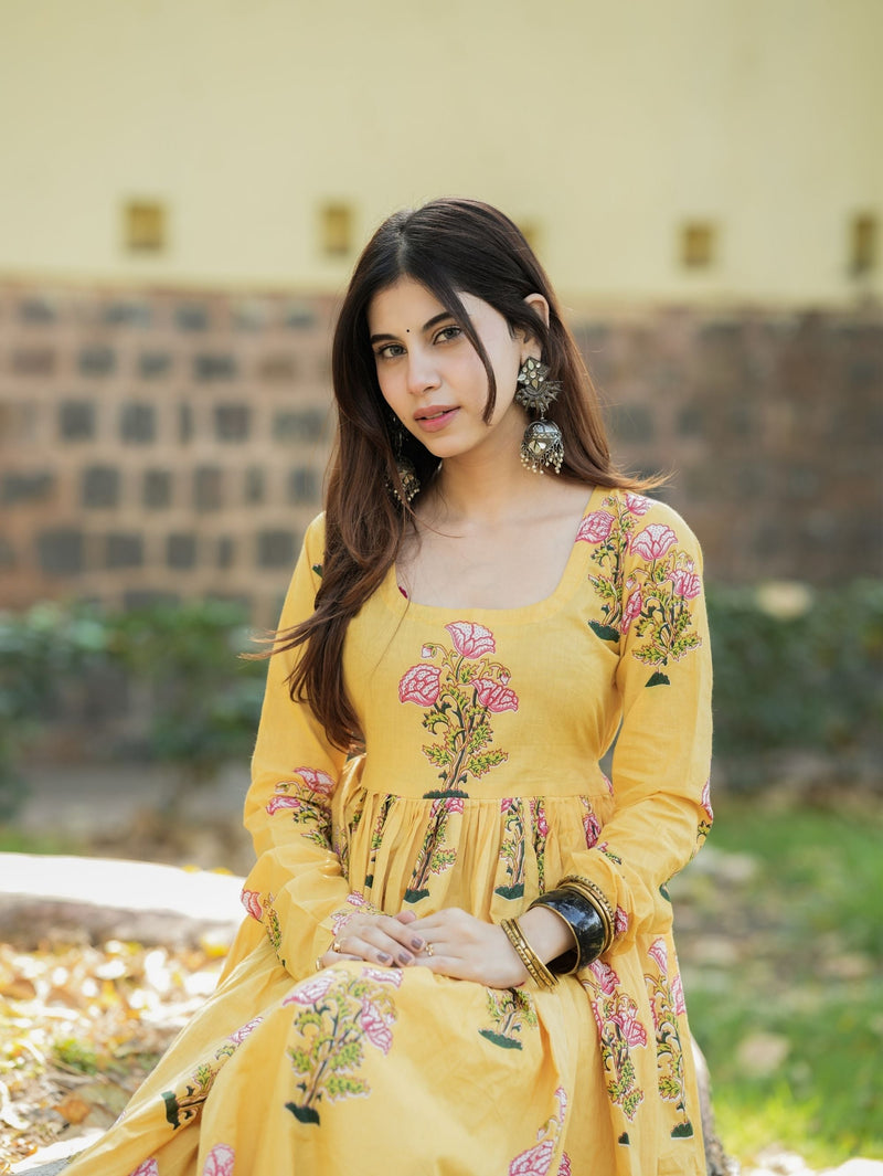 Aayat Yellow Cotton Anarkali Kameez with Floral Print