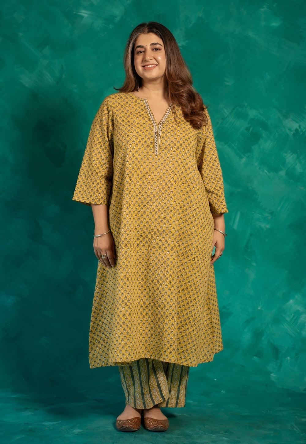 Azira Yellow Bagru Cotton A Line Kurta