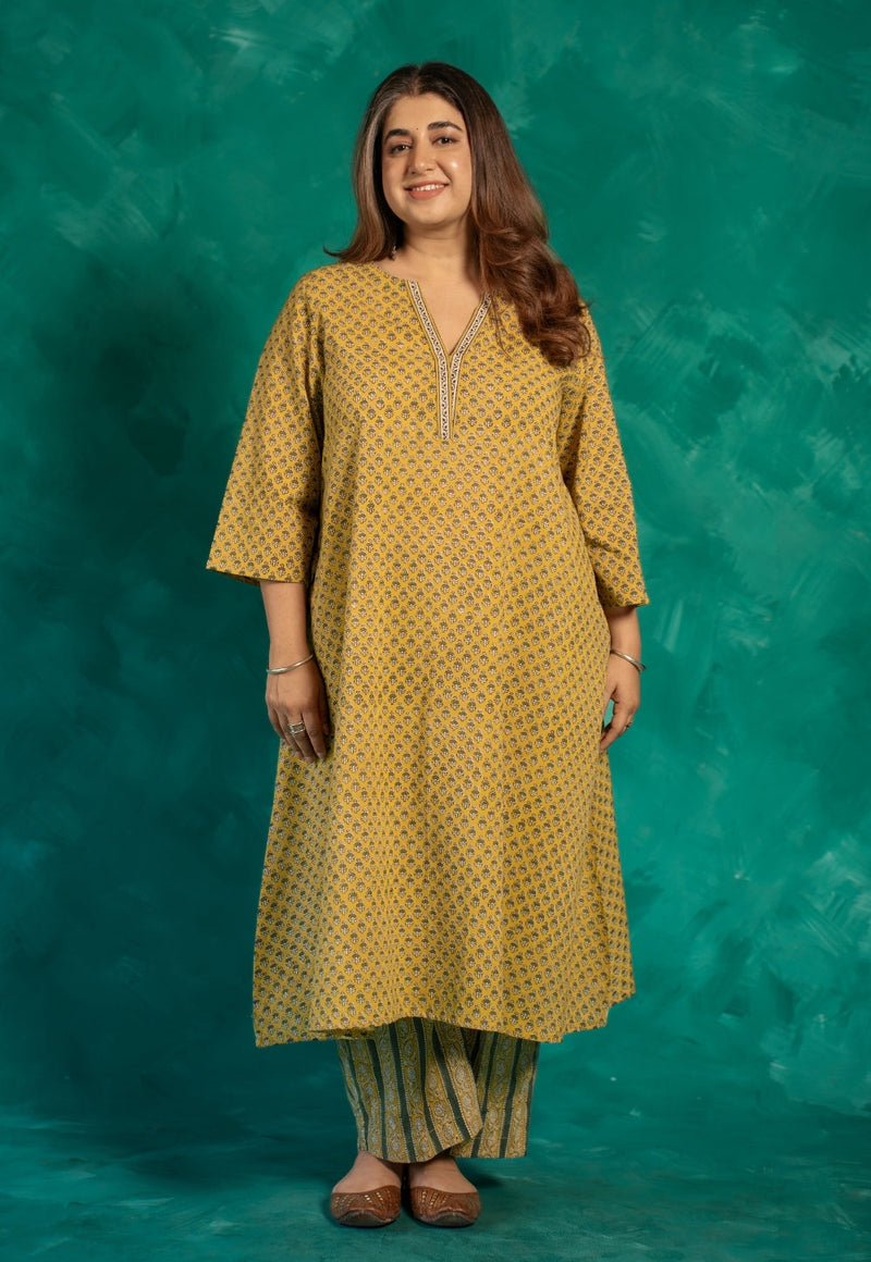 Azira Yellow Bagru Cotton A Line Kurta