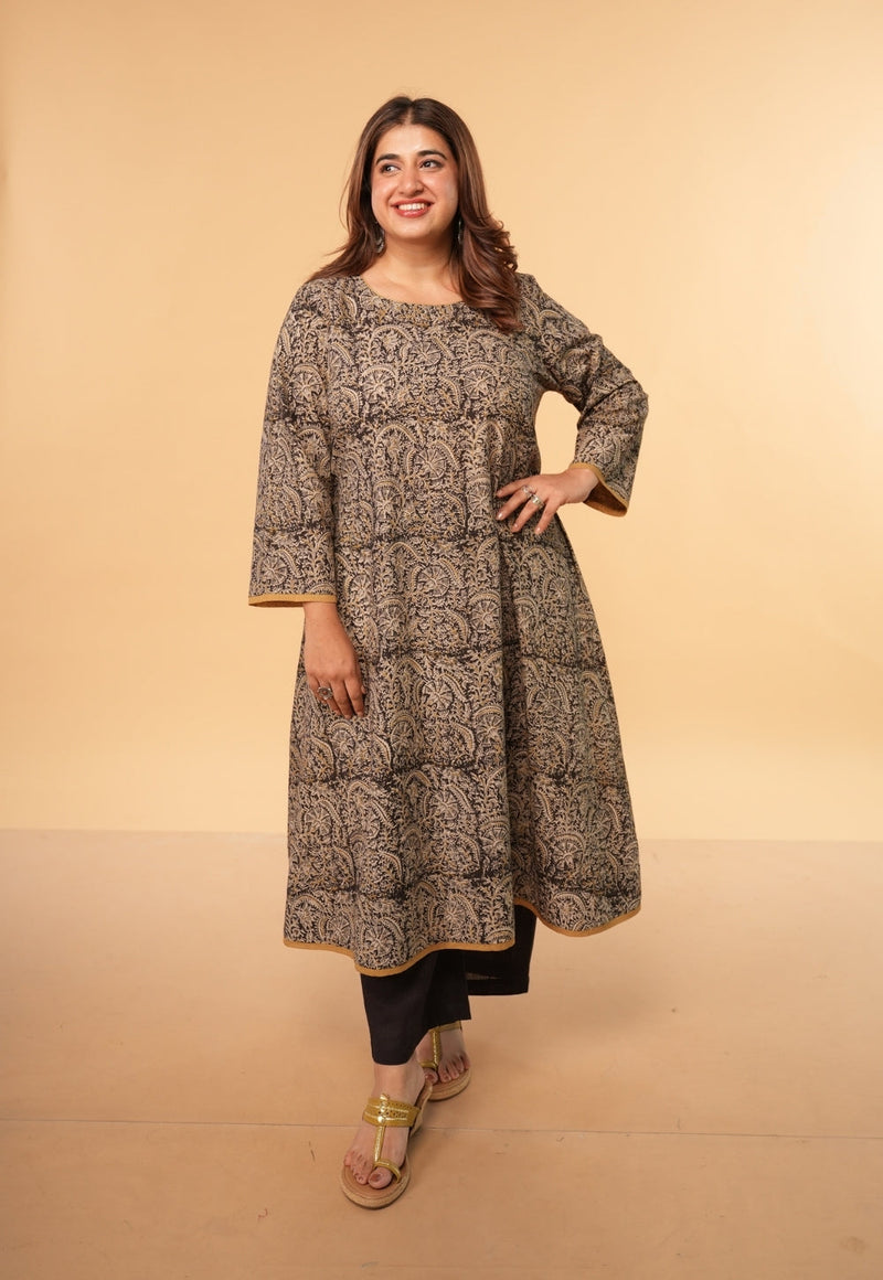 Nazia Black Kalamkari Cotton A Line Kurta