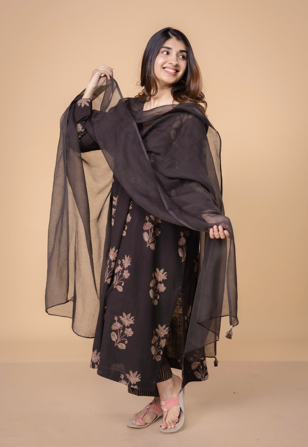 Megha Brown Dabu Slub Cotton Straight Kurta