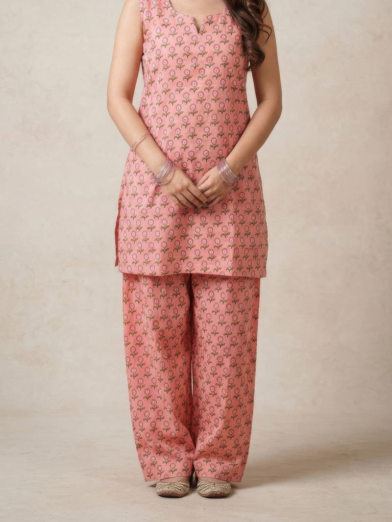 Pink Lily Cotton Handblock Farshi Salwar Set for Women