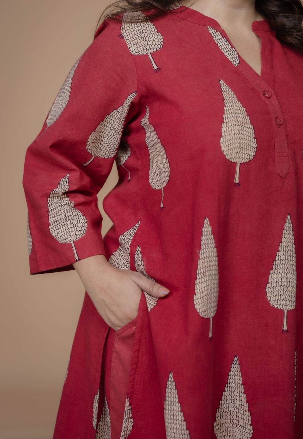 Nysa Red Dabu Slub Cotton Straight Co-Ord Set