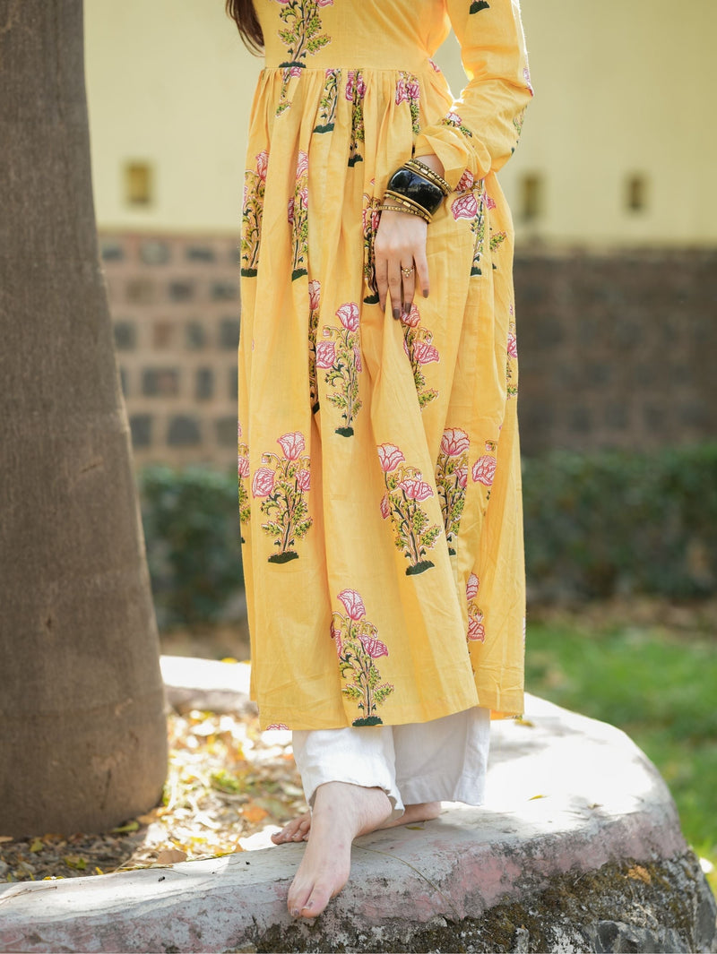 Aayat Yellow Cotton Anarkali Kameez with Floral Print