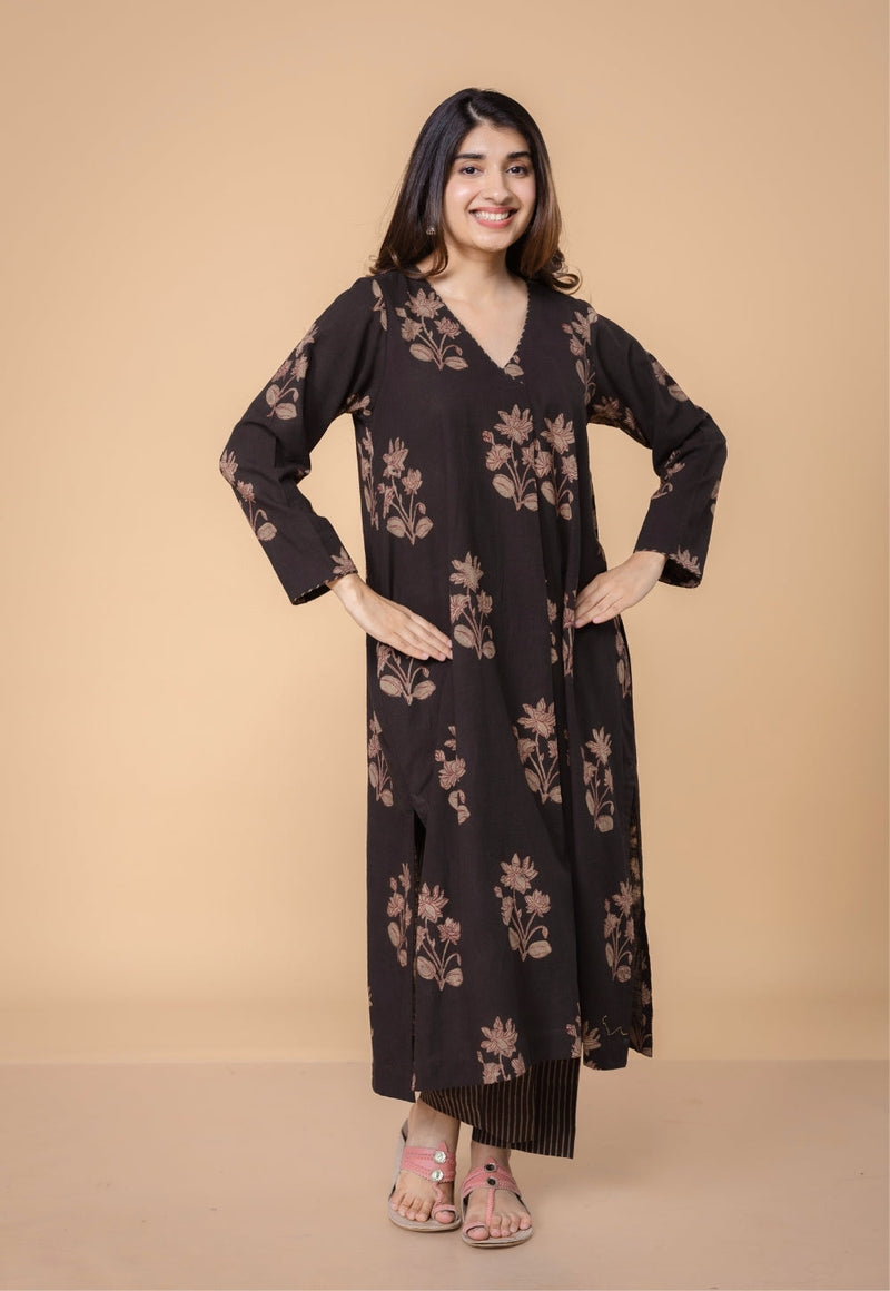 Megha Brown Dabu Slub Cotton Straight Kurta