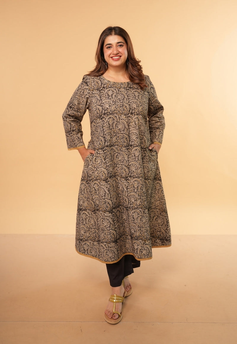Nazia Black Kalamkari Cotton A Line Kurta