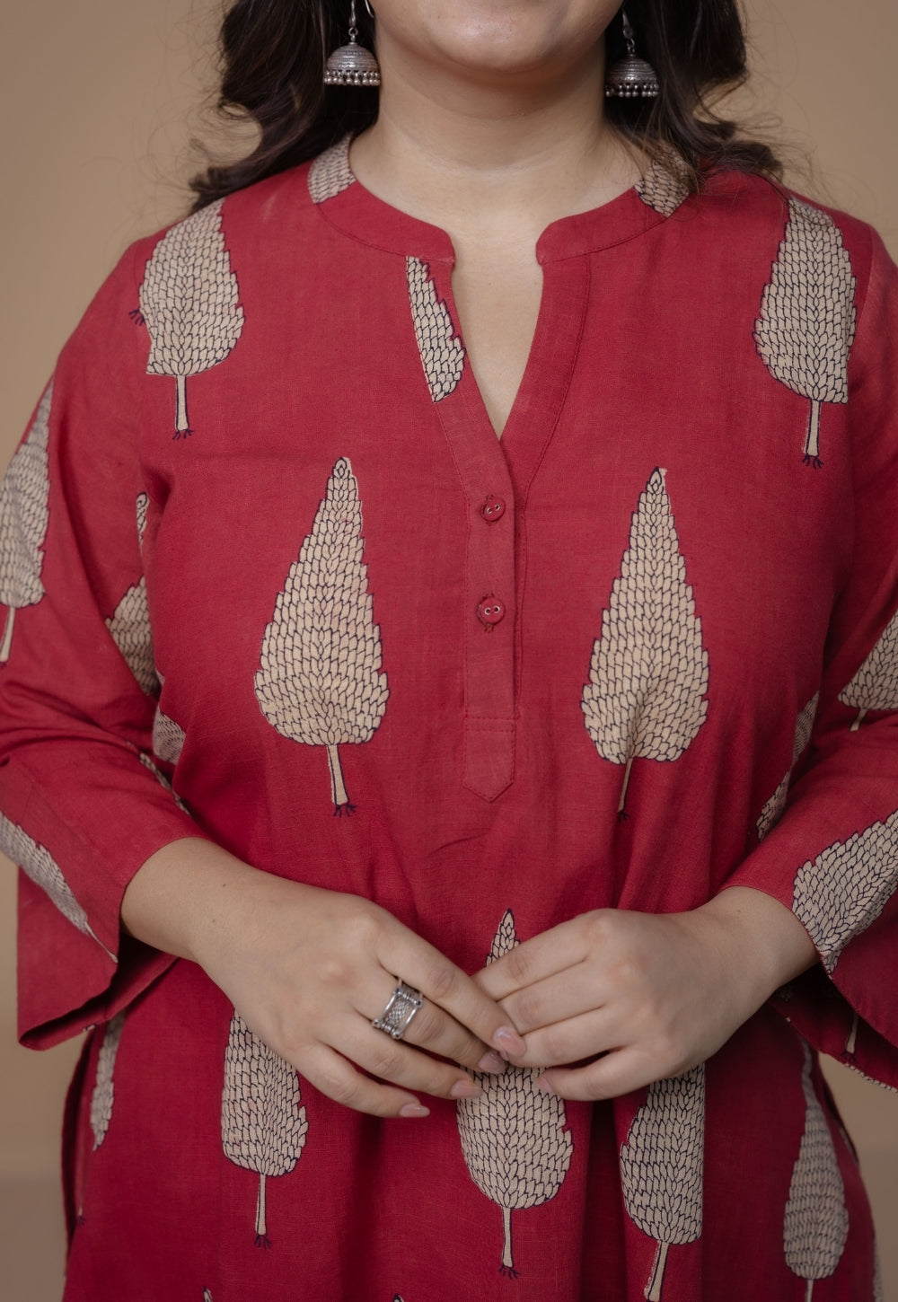 Nysa Red Dabu Slub Cotton Straight Co-Ord Set