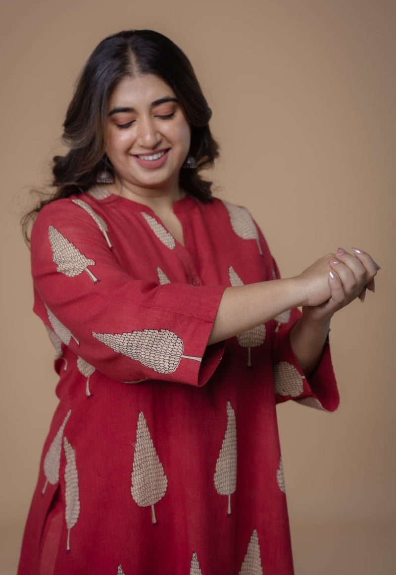 Nysa Red Dabu Slub Cotton Straight Co-Ord Set
