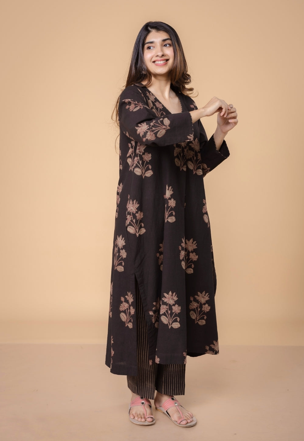 Megha Brown Dabu Slub Cotton Straight Kurta