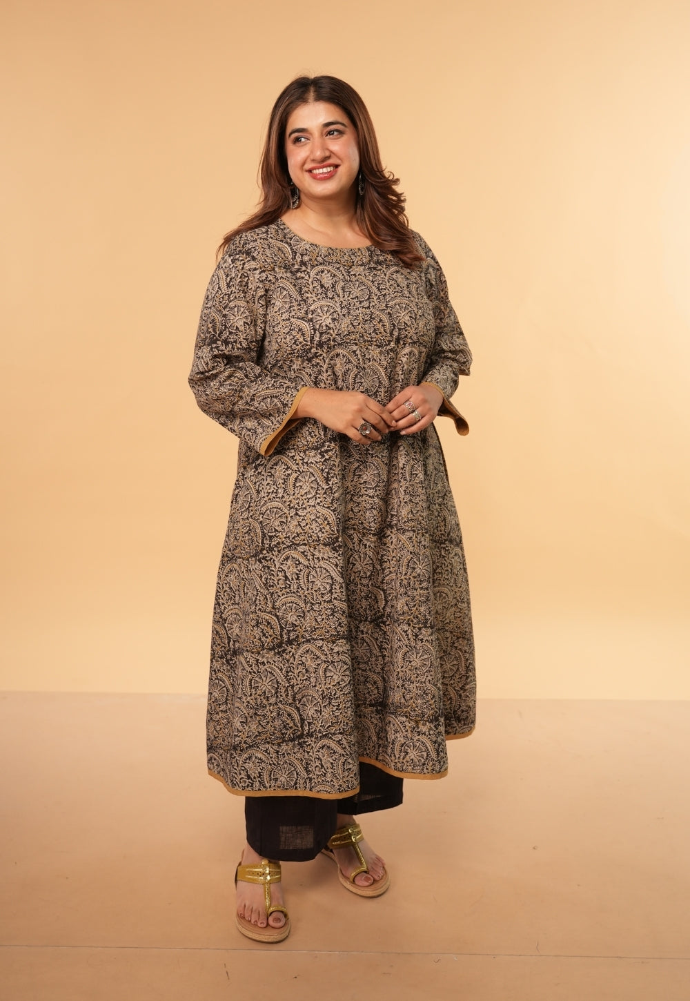 Nazia Black Kalamkari Cotton A Line Kurta
