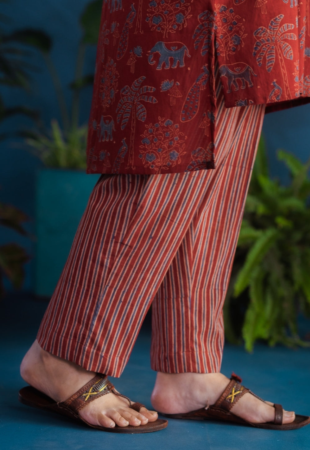 Prita Red Stripes Ajrakh Cotton Narrow Pant
