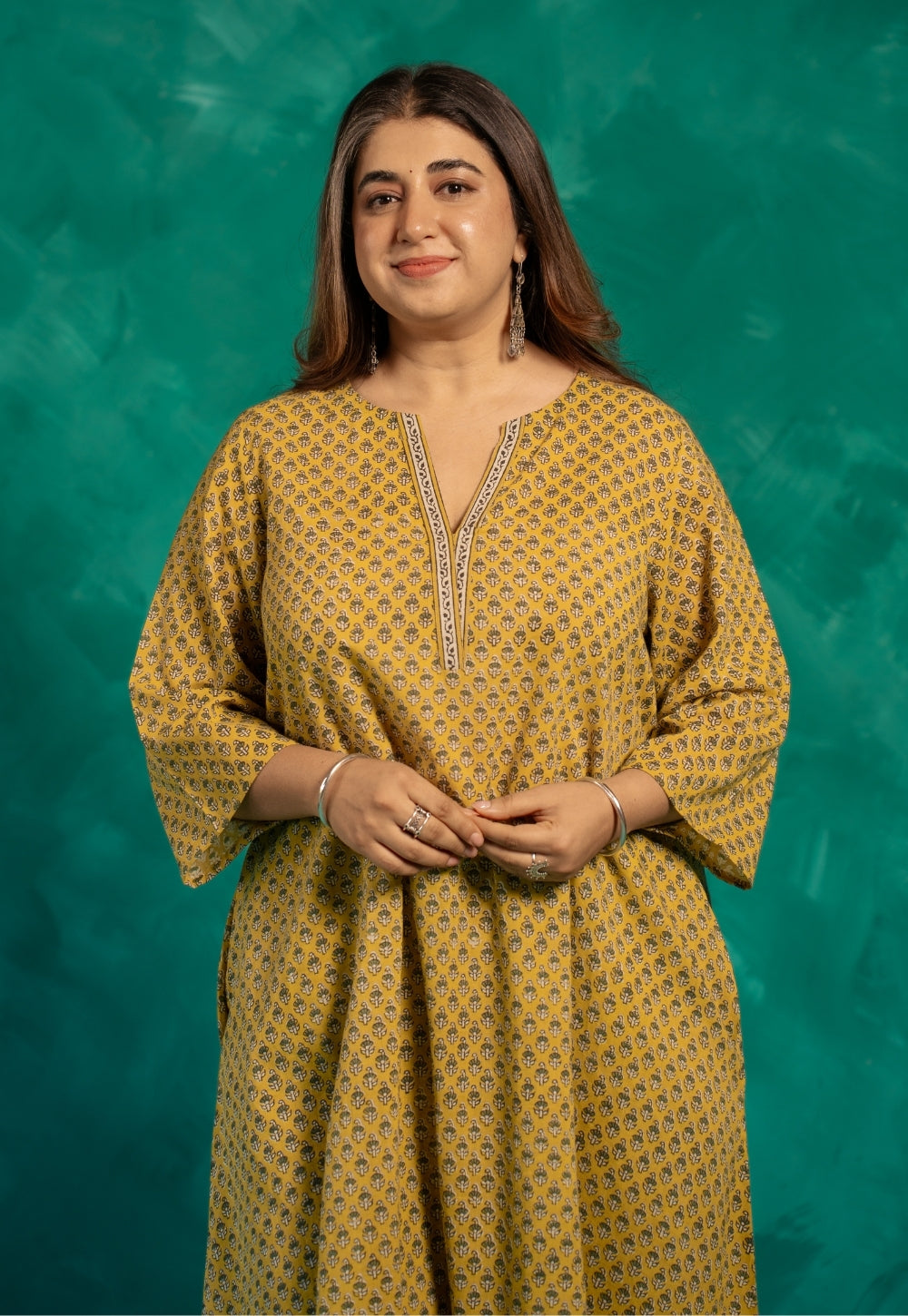 Azira Yellow Bagru Cotton A Line Kurta