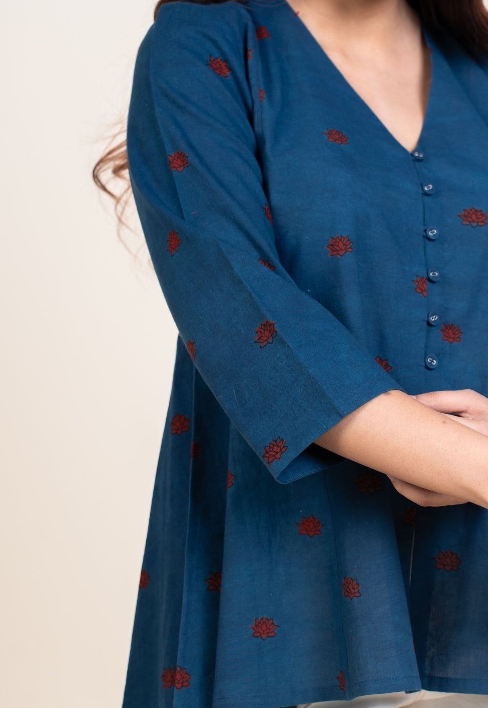 Yuvika Blue Ajrakh Cotton A Line Short Top