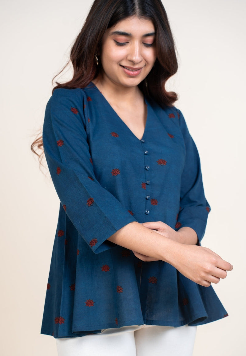 Yuvika Blue Ajrakh Cotton A Line Short Top