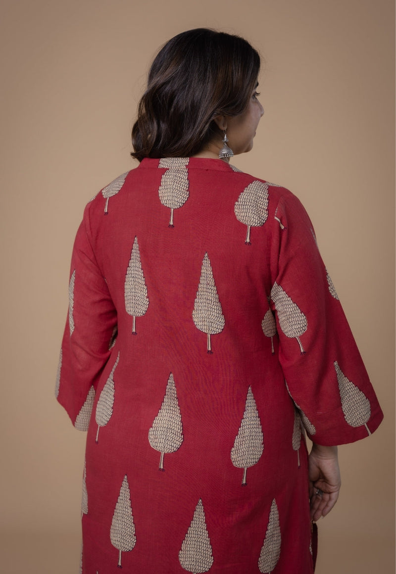 Nysa Red Dabu Slub Cotton Straight Co-Ord Set