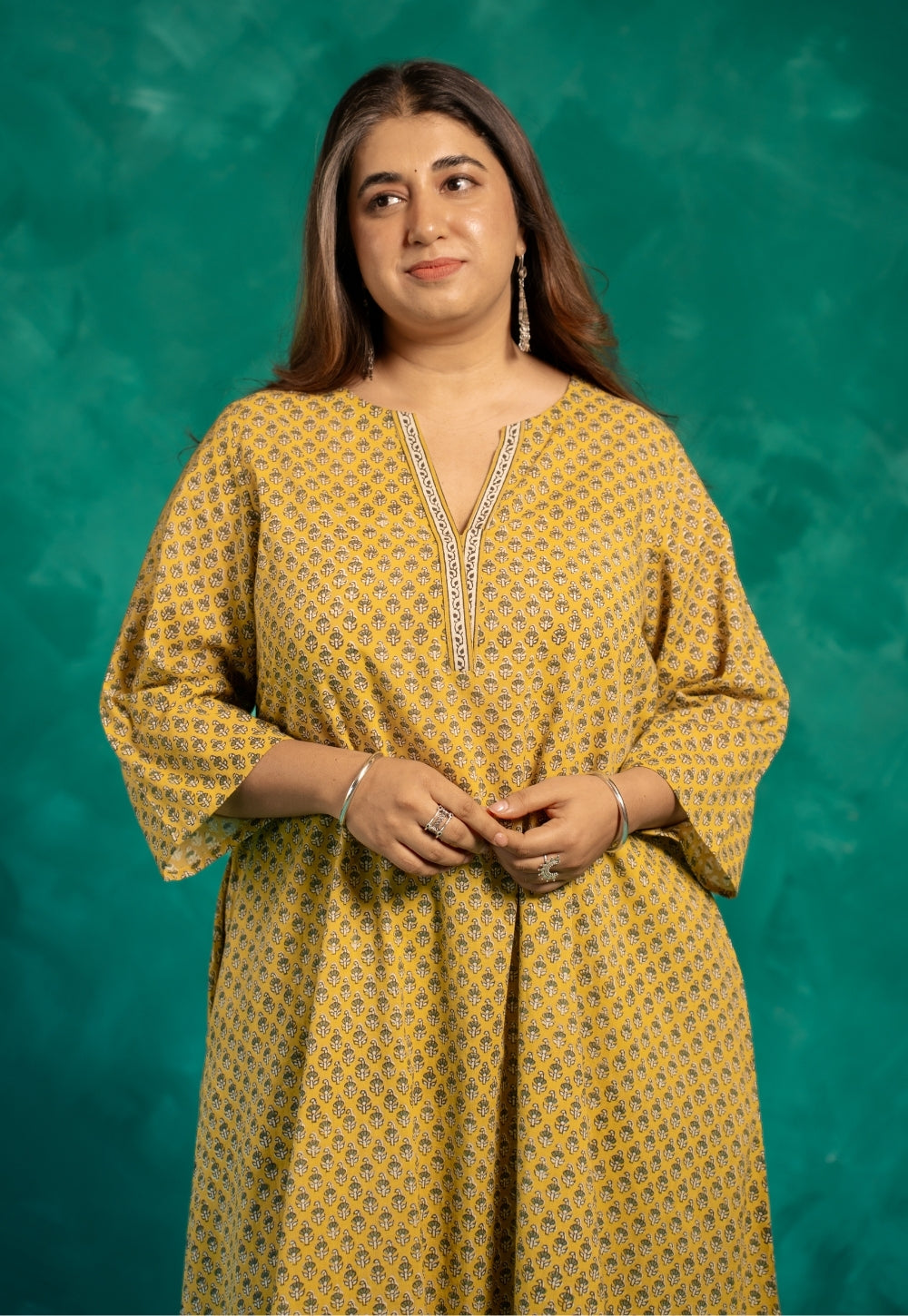 Azira Yellow Bagru Cotton A Line Kurta