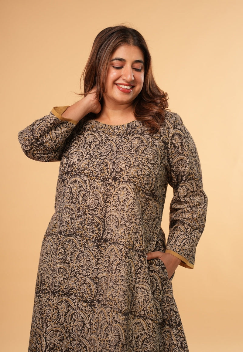 Nazia Black Kalamkari Cotton A Line Kurta