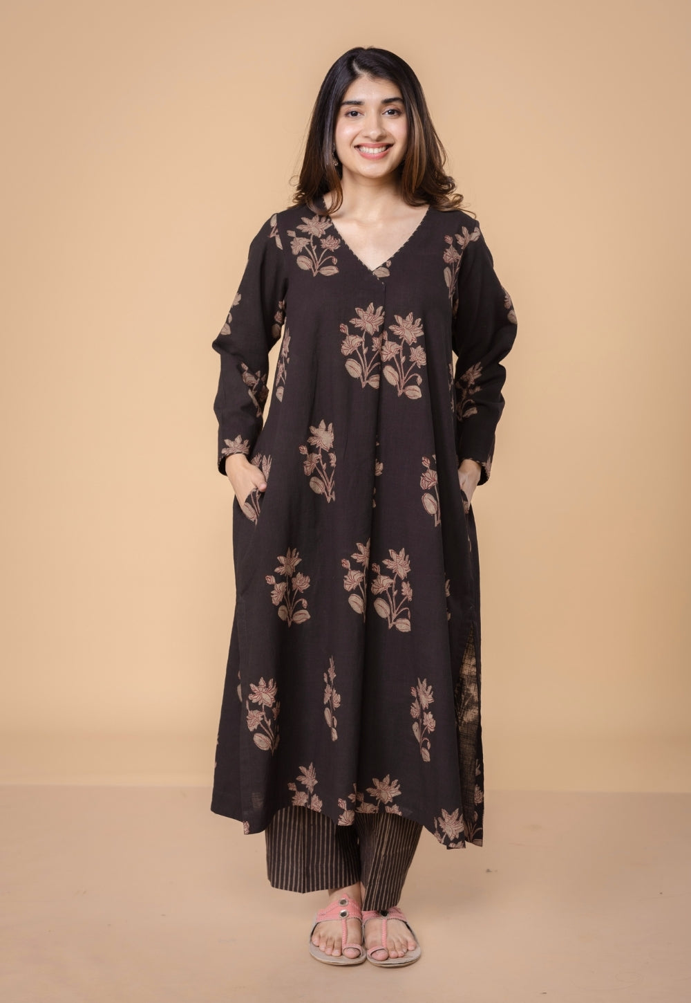 Megha Brown Dabu Slub Cotton Straight Kurta