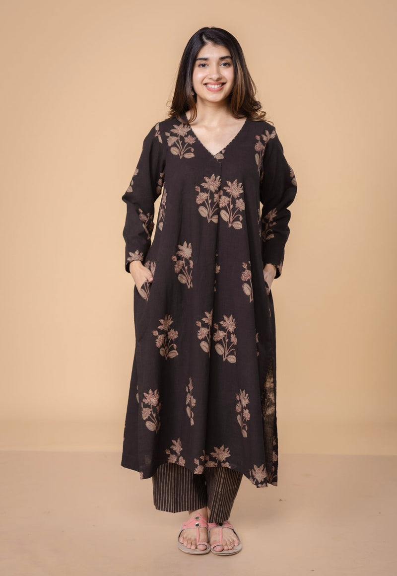 Megha Brown Dabu Slub Cotton Straight Kurta
