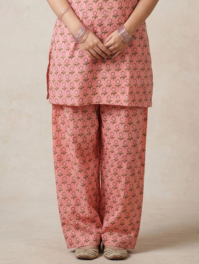 Pink Lily Cotton Handblock Farshi Salwar Set for Women