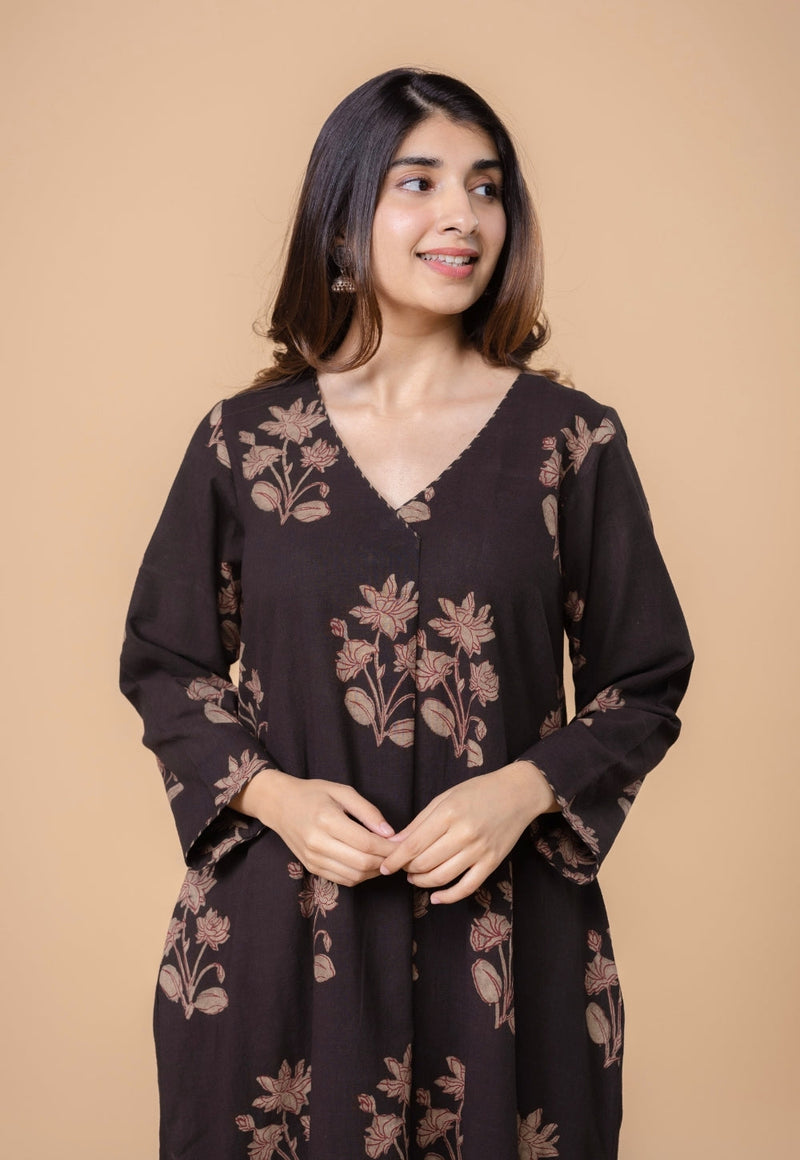 Megha Brown Dabu Slub Cotton Straight Kurta