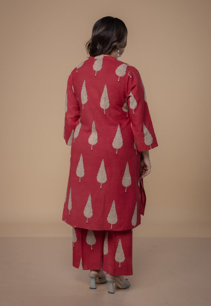 Nysa Red Dabu Slub Cotton Straight Co-Ord Set