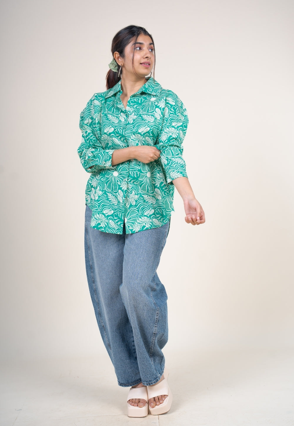 Ruhi Emerald Green Printed Cotton Straight Shirt