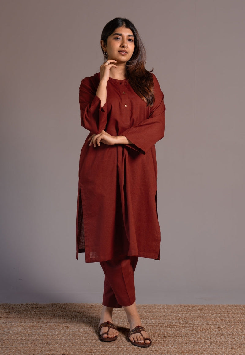 Madder Solid Slub Cotton Straight Co-Ord Set- DyeVerse