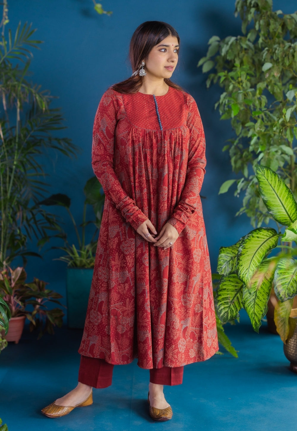 Asin Red Ajrakh Cotton A Line Kurta with Hand Embroidery