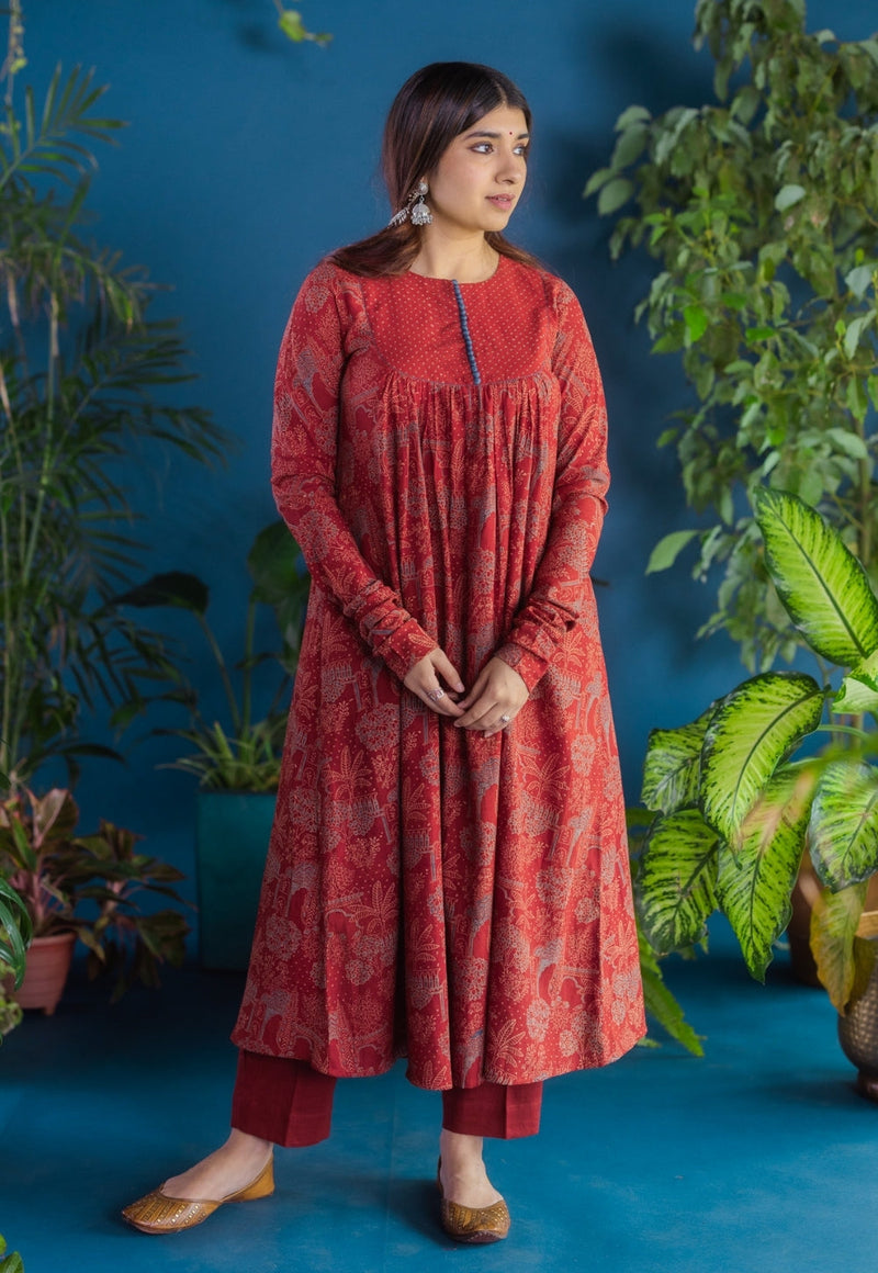 Asin Red Ajrakh Cotton A Line Kurta with Hand Embroidery
