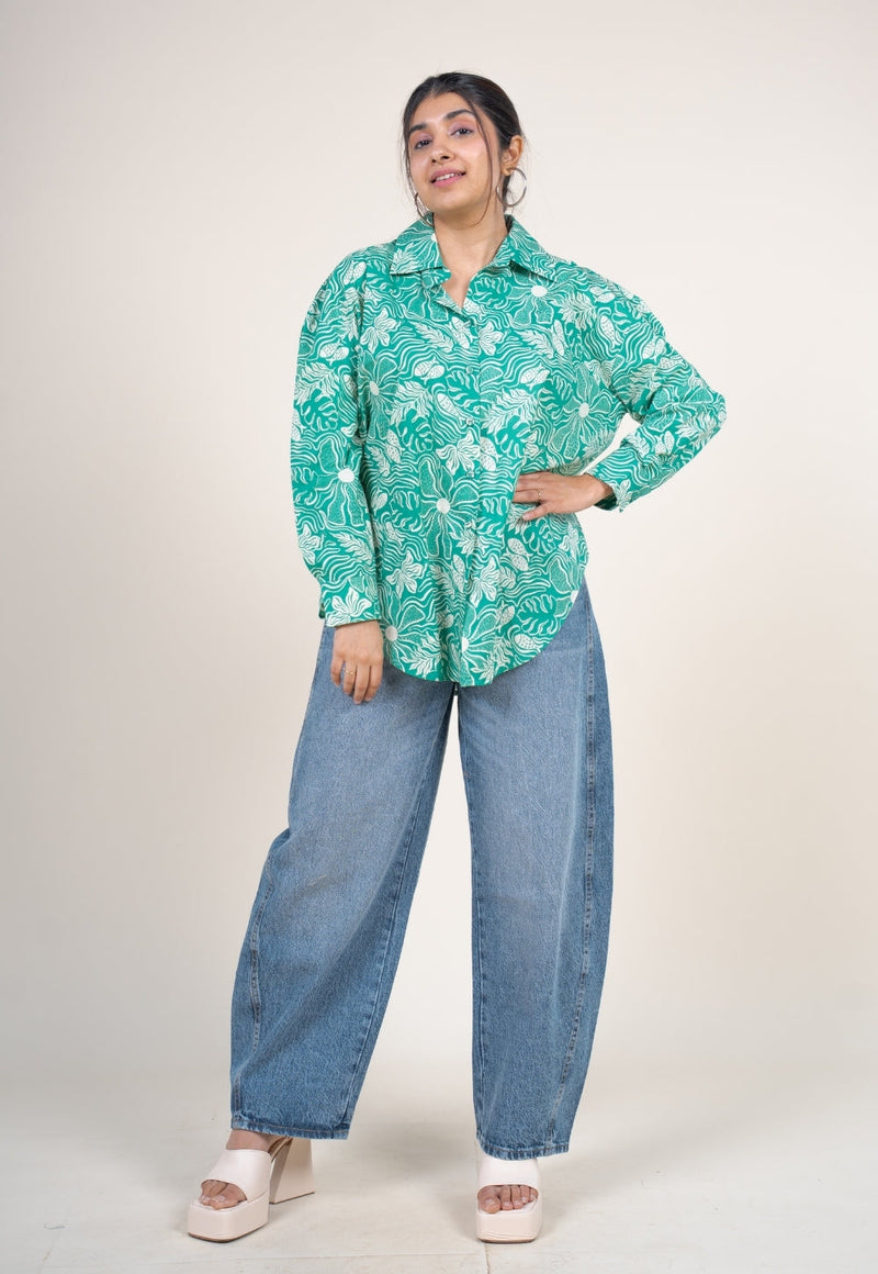 Ruhi Emerald Green Printed Cotton Straight Shirt