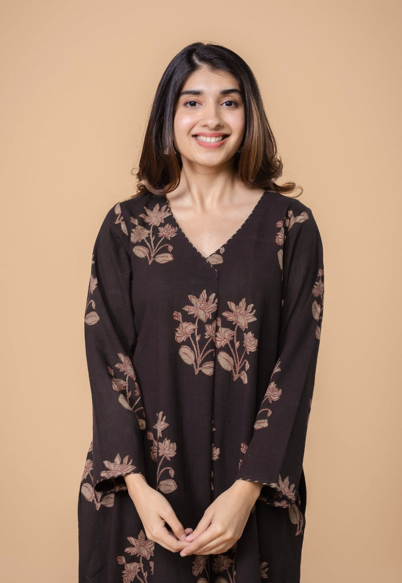 Megha Brown Dabu Slub Cotton Straight Kurta