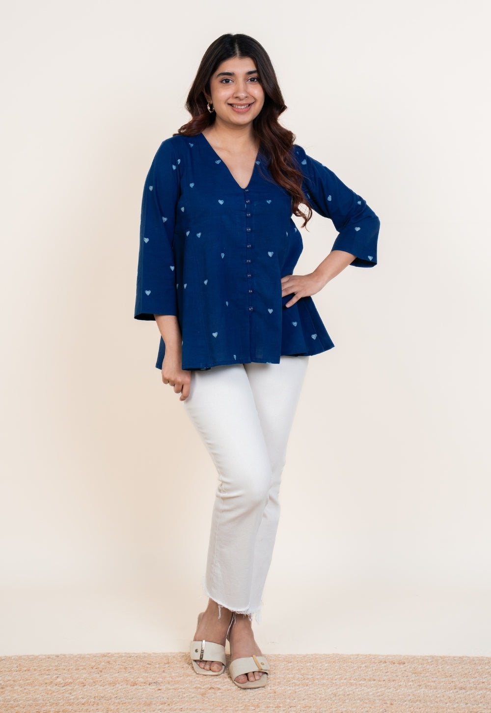 Yuvika Blue Dabu Cotton A Line Short Top