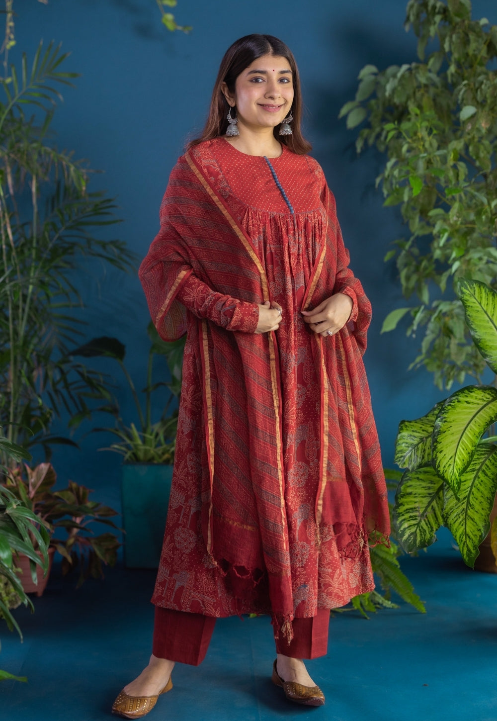 Asin Red Ajrakh Cotton A Line Kurta with Hand Embroidery