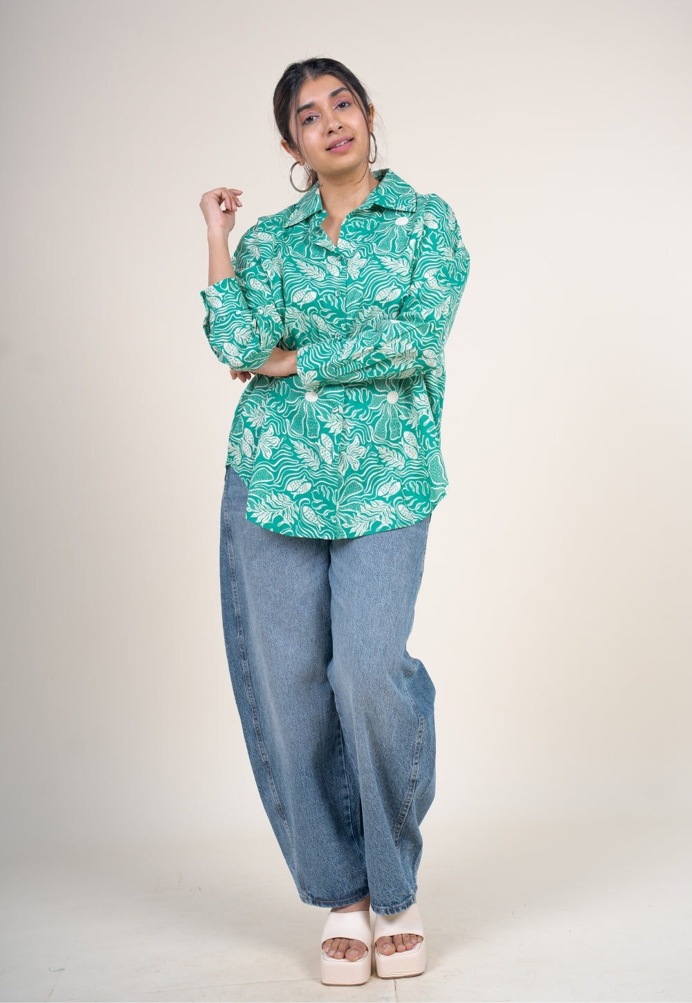 Ruhi Emerald Green Printed Cotton Straight Shirt