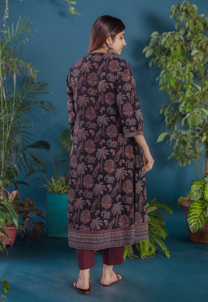 Ireen Black Ajrakh Cotton A Line Kurta
