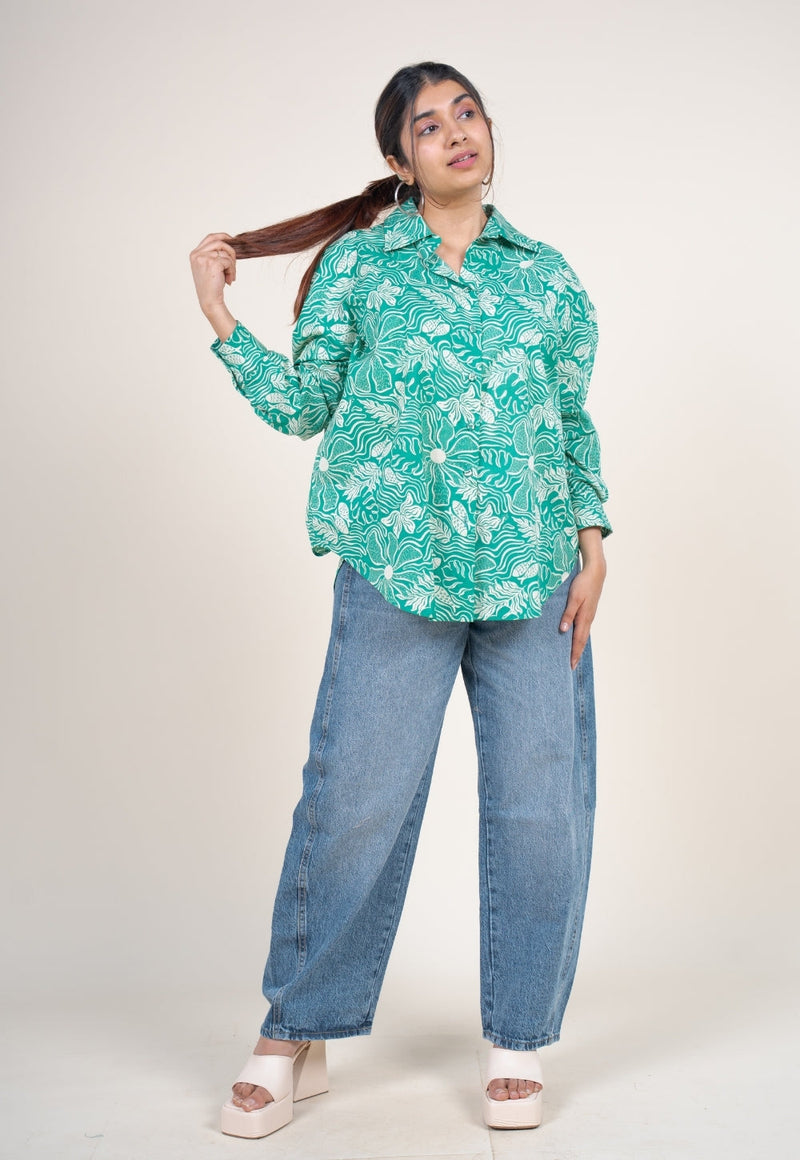 Ruhi Emerald Green Printed Cotton Straight Shirt
