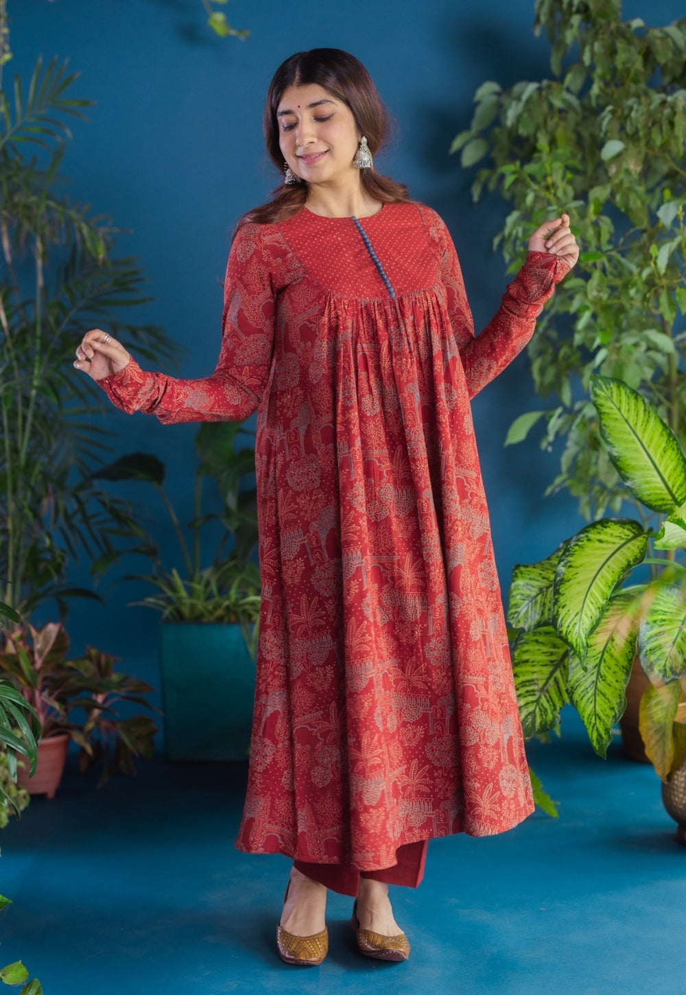 Asin Red Ajrakh Cotton A Line Kurta with Hand Embroidery