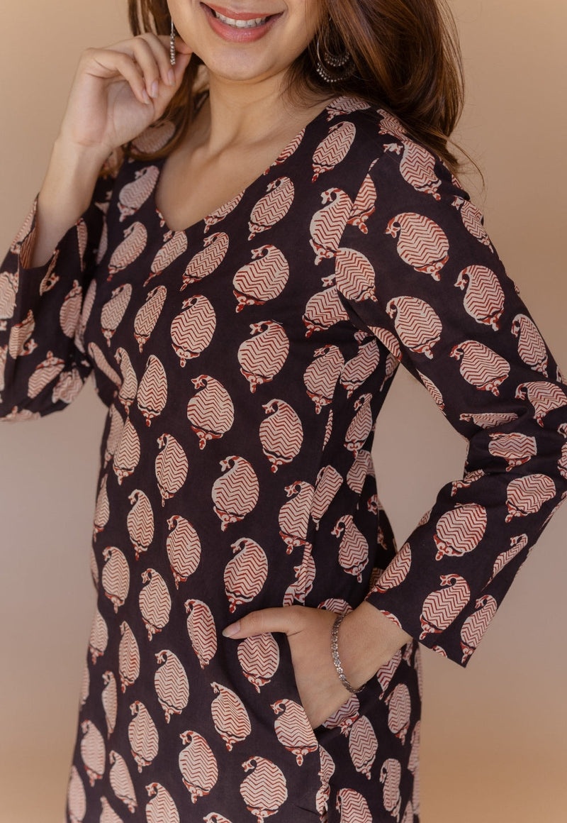 Aarushi Black Bagru Cotton Straight Kurta