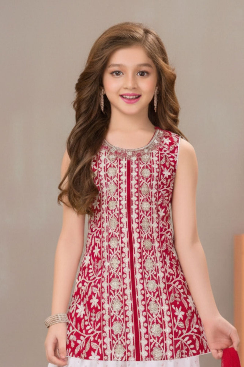 Rani Pink Embroidered Patiala Suit Set With Dupatta For Girls