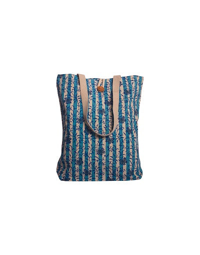 Cotton Shopping Tote Bag · Flowers With Stripes Blue-5