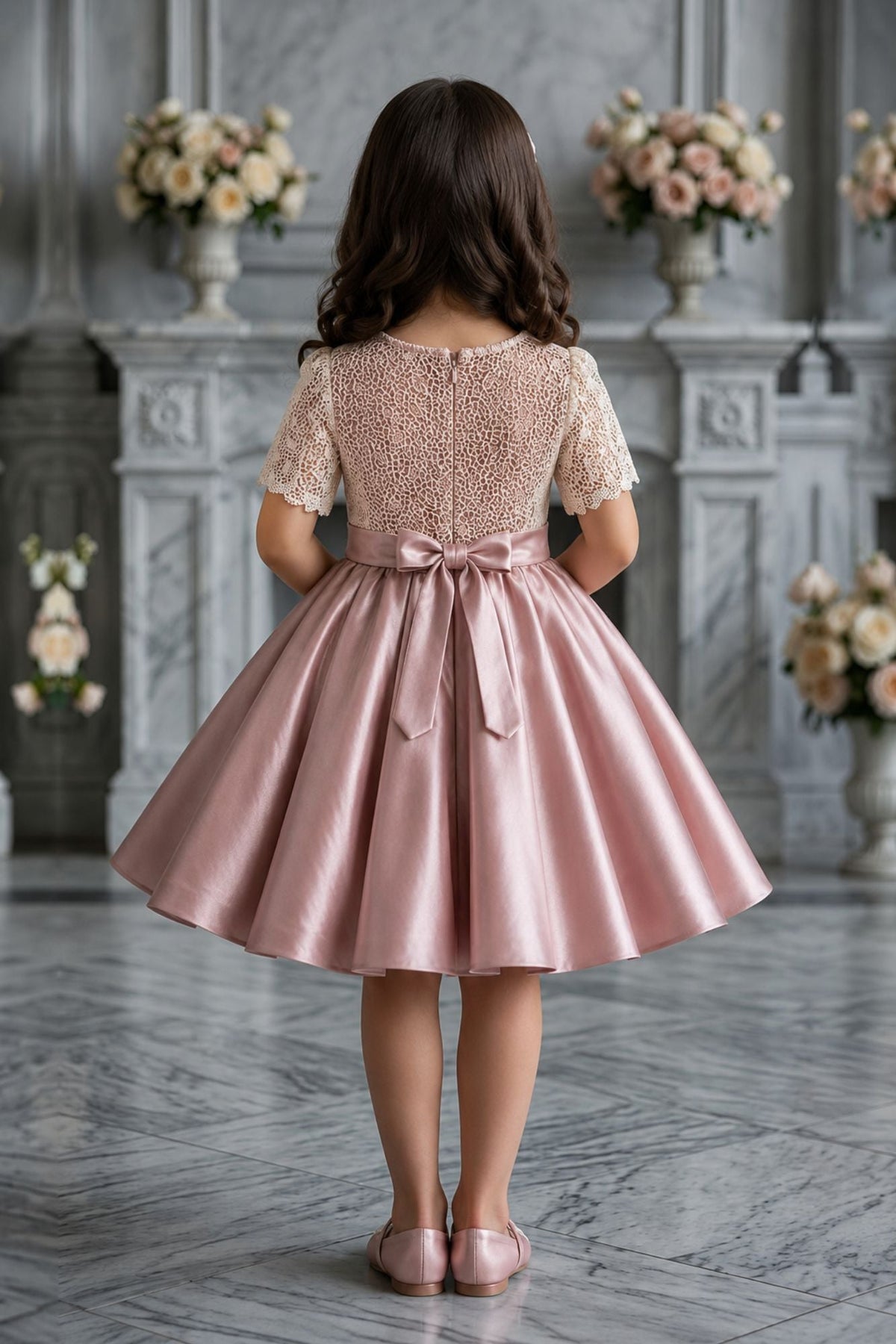 Dusty Pink Satin Party Frock with Floral Lace Bodice