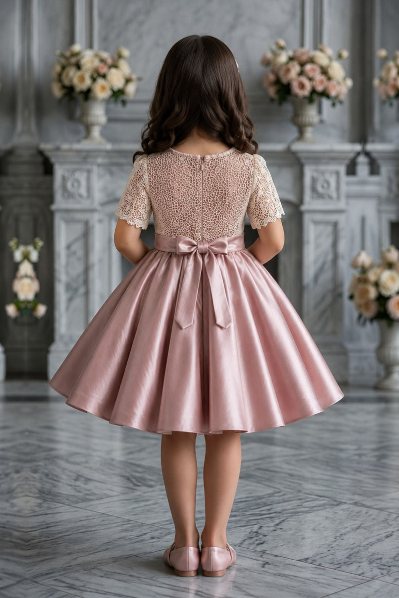 Dusty Pink Satin Party Frock with Floral Lace Bodice