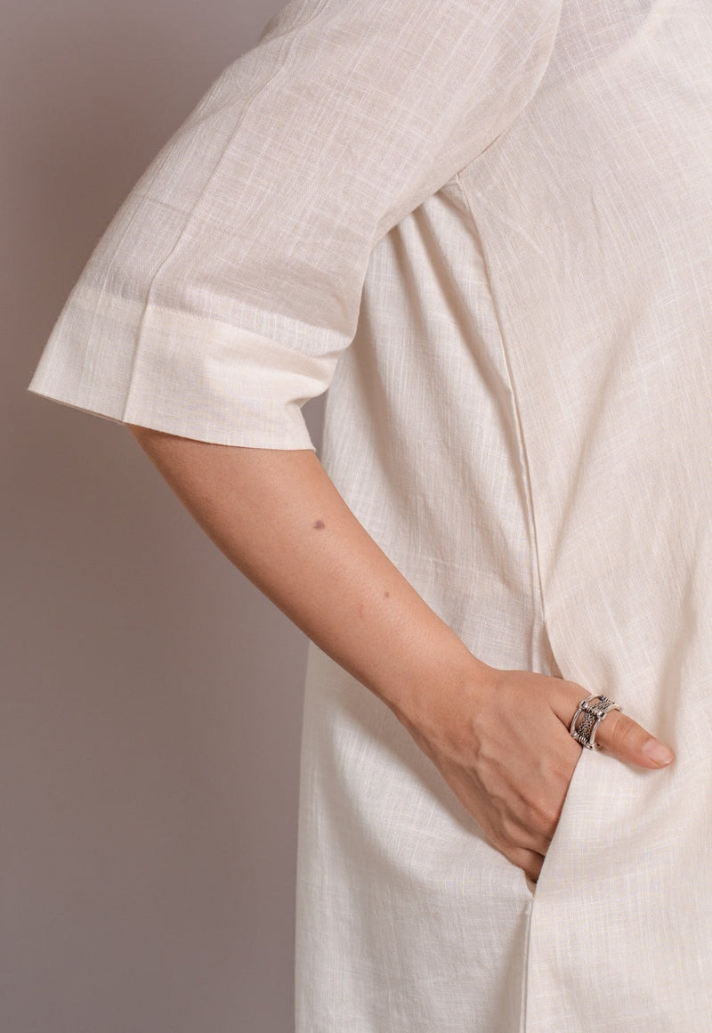 Off White Solid Slub Cotton Straight Co-Ord Set- DyeVerse