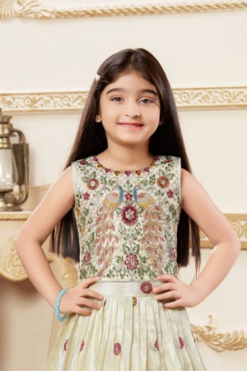 Cream Embroidered Lehenga Choli with Regal Peacock Motifs For Girls